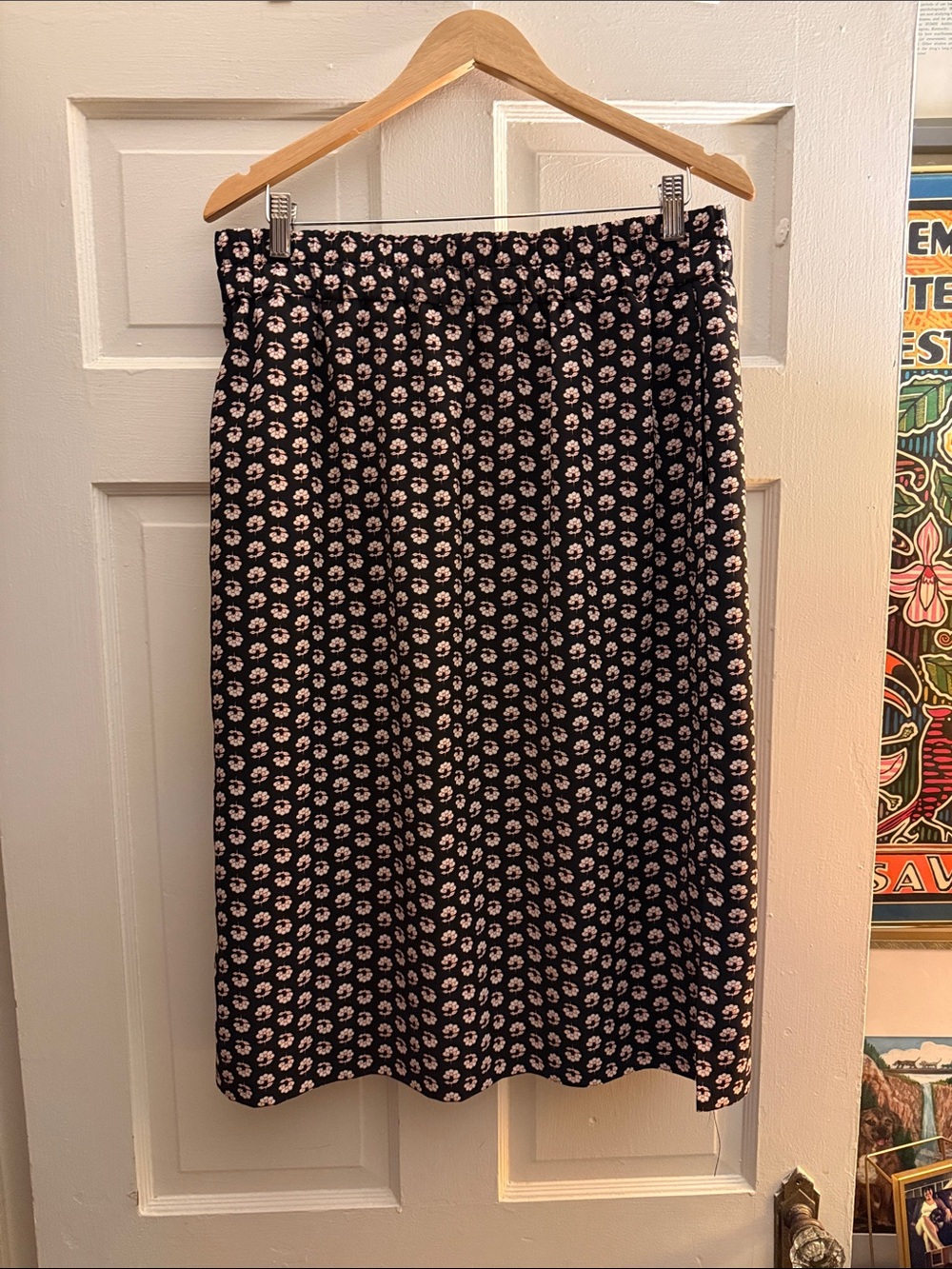 J. Crew Black Midi Skirt with Pink Floral Dot Print